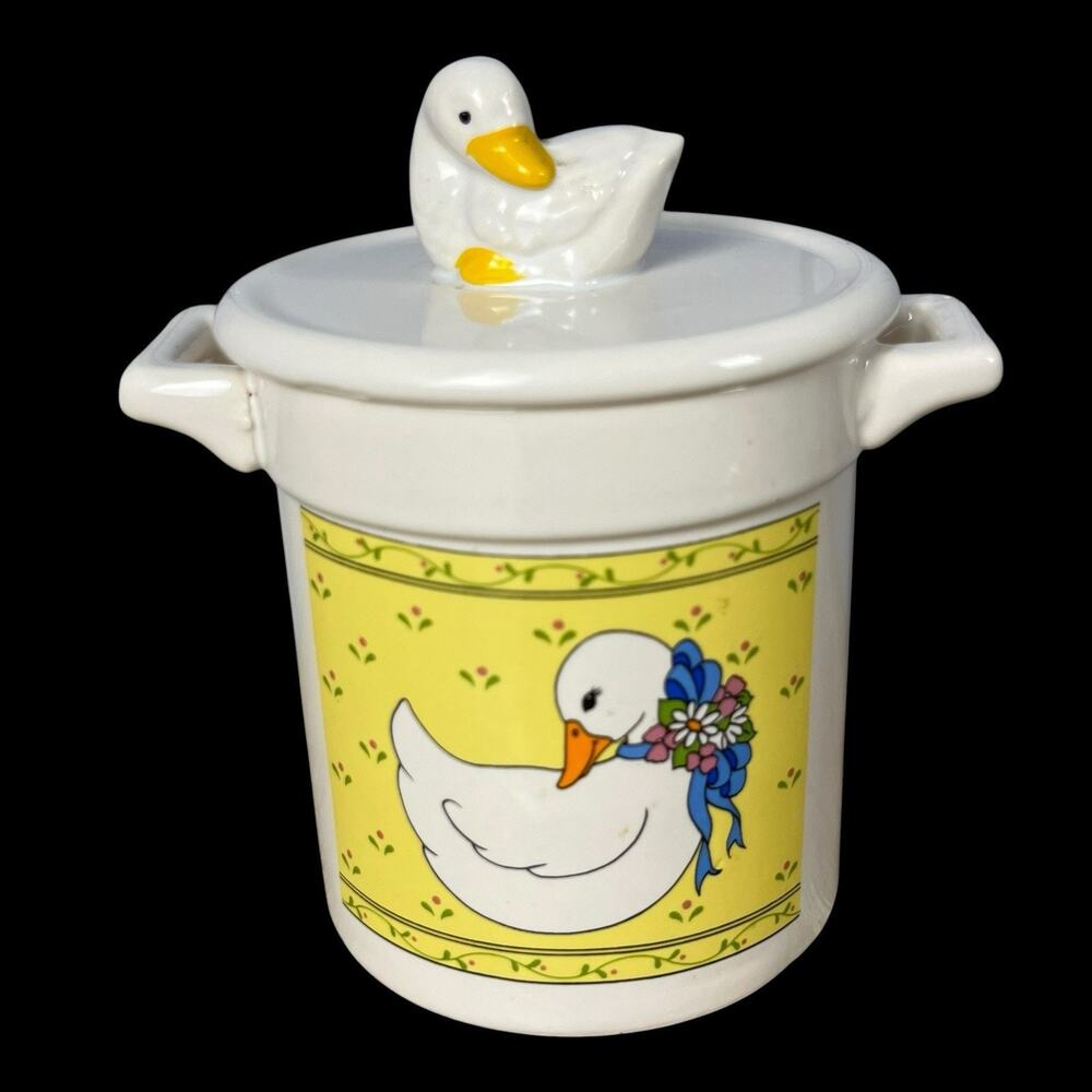 Vintage 80s Country Goose Canister Crock Figural Lid Blue Bow Farmhouse Kitchen